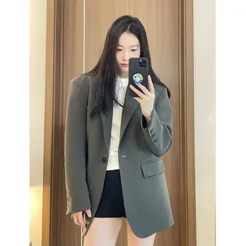 Офисный женский черный пиджак-блейзер для женщин с отложным воротником на одной пуговице, Корейская винтажная Тонкая верхняя одежда, стильные топы для женщин