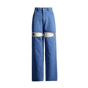 Весна / лето 2023, новые широкие джинсы, женские брюки с высокой талией и украшенным бриллиантами бисером, которые кажутся маленькими и