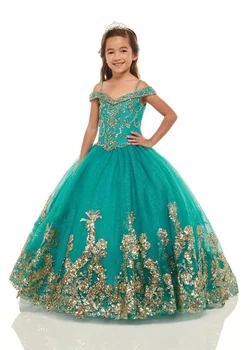 Милое бирюзово-голубое бальное платье принцессы для девочек, костюмы для первого причастия, платья с цветочными аппликациями и блестками
