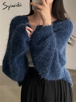 Элегантный вязаный кардиган для женщин 2023 года, новый Корейский модный свитер большого размера с длинным рукавом, женские однотонные повседневные джемперы