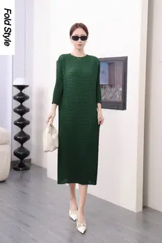 Осеннее новое платье Miyake 2023 с крупным плиссированным принтом, свободное и приталенное, уменьшающее возраст Модное платье для женщин
