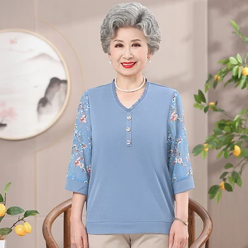 Блузка для женщин среднего возраста, рубашка с принтом, Новый топ для мамы, рукава три четверти, весна и лето