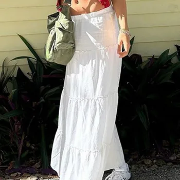 Белые женские длинные юбки трапециевидной формы с оборками, однотонная женская повседневная уличная одежда, эластичный пояс, Многоуровневая юбка с оборками, Пляжный отдых
