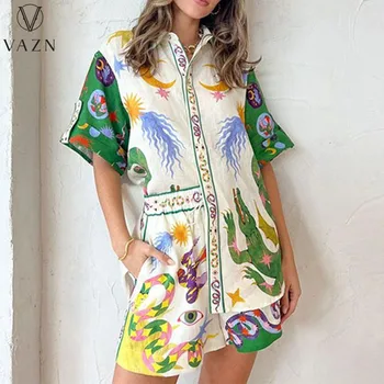 VAZN 2023/ Популярный комплект рубашек с принтом в стиле ретро, повседневная офисная женская рубашка с коротким рукавом + короткие брюки, женский комплект из 2 предметов