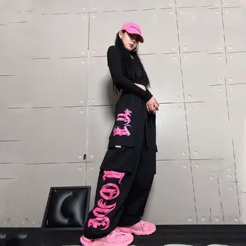 Танцевальные спортивные брюки в стиле ретро с несколькими карманами, черно-розовый комбинезон с принтом, женская индивидуальность, уличный хип-хоп, свободный повседневный стиль