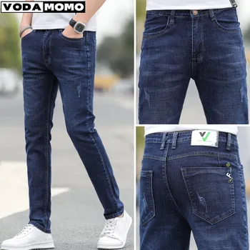 Стрейчевые мешковатые джинсовые мужские брюки 2023 Весна осень, свободные прямые винтажные деловые повседневные брюки, джинсовые мужские брюки потертого размера
