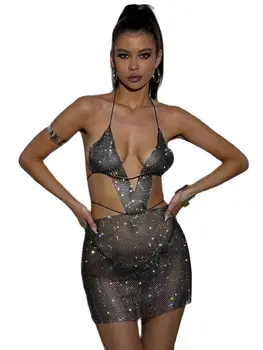 Сексуальное прозрачное фестивальное мини-платье с V-образным вырезом и открытой спиной для женщин, для ночного клуба, без рукавов, облегающее мини-платье с эластичной сеткой и бриллиантами