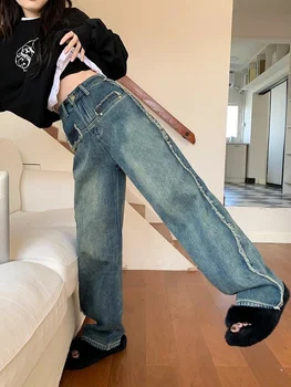 стиль раффлед ретро длинные брюки высокие джинсы женские зимние свободные прямые брюки широкие брюки женские брюки y2k jeans