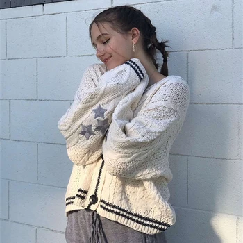 90-х годов Винтаж свободные легким стрейч кардиган Звезда Моды, вышивки Тай женщин теплый мягкий свитер дамы повседневная с V-образным вырезом вязаный топ