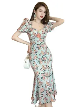 2023 Новый стиль платья, длинные платья для женщин с розовым принтом, эластичные цветы, рукава-пузыри, халат с рыбьим хвостом, женское праздничное платье