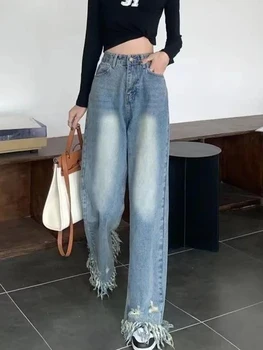2023 Весна-осень; винтажные джинсы в американском стиле; выстиранные брюки с необработанным краем; с дырками; с кисточками; с высокой талией; свободные широкие женские джинсовые