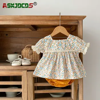Летний комплект одежды для малышей 아동복 Новорожденных девочек, кружевной топ с цветочным принтом, футболки + однотонные шорты из хлопка для младенцев