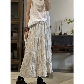 2023 Женская юбка Льняная однотонная с вмятинами, эластичный пояс, Трапециевидная Повседневная модная Длинная юбка в стиле ретро, Женская YoYiKamomo