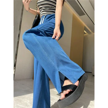 Корейская мода, Новые летние синие брюки, широкие брюки с высокой талией, повседневные винтажные брюки для женщин, брюки Оверсайз