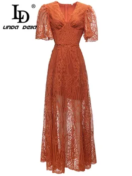 Летнее дизайнерское винтажное платье LD LINDA DELLA, женское оранжевое элегантное вечернее длинное платье с V-образным вырезом и высокой талией, выдалбливающим принтом