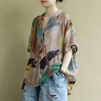 Женская одежда в китайском винтажном стиле, Летняя мода, V-образный вырез, короткий рукав, Удобная тонкая хлопчатобумажная льняная блузка, Повседневные свободные топы