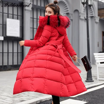 Новые модные Корейские теплые парки, женские Осенне-зимние парки с меховым воротником и пуховым хлопковым пуховым поясом, женские утепленные зимние пальто X Long