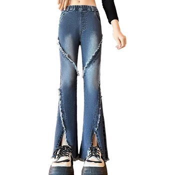 Модные Джинсы-клеш с разрезом для девочек, повседневные джинсовые брюки-клеш с необработанным подолом в стиле пэчворк, Весна-осень, брюки для девочек от 5 до 16 лет