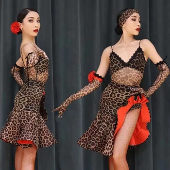 Новое платье для латиноамериканских танцев, Женские Леопардовые топы, юбка, костюм для выступлений взрослых, Румба, Танго, Ча-Ча-Ча, Платье для соревнований, одежда для выпускного вечера NV18265