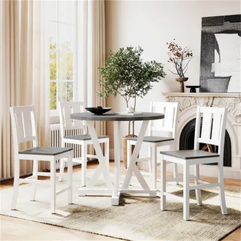 Обеденный стол из 5 предметов, круглый, с 4 обеденными стульями и толстой столешницей серого цвета, прочный для ресторана