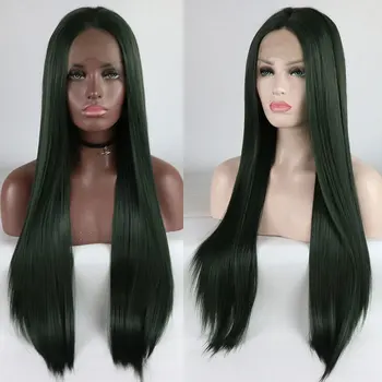 Темно-зеленый парик из синтетических волос на шнурке спереди, бесклеевое длинное прямое термостойкое волокно, натуральный пробор по линии роста волос посередине для женщин