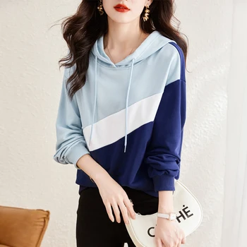 Женские толстовки с цветным блоком, Элегантные толстовки с капюшоном в стиле Y2K с длинным рукавом, Корейский модный повседневный пуловер оверсайз для женщин