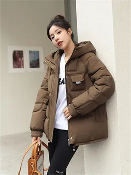 Толстое пальто, теплые повседневные парки, Корейская верхняя одежда, зимняя одежда, пальто на молнии, свободная зимняя куртка с хлопчатобумажной подкладкой с капюшоном, женская одежда