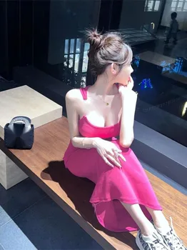 Женское платье средней длины с невидимым плечевым ремнем без спинки, элегантное платье в Корейском стиле, Пикантная девушка для пляжного отдыха, без рукавов 34Q1