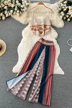 Костюм в богемном этническом стиле, женский бюстгальтер с кисточками, слинг + широкие брюки с принтом, шифоновые пляжные брюки, комплект из двух предметов
