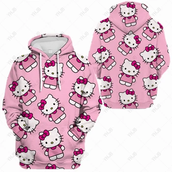 Уличная одежда Толстовки Женские с длинным рукавом и принтом Hello Kitty, Большой карман, Свободный повседневный пуловер, Весенне-осенняя модная толстовка с капюшоном