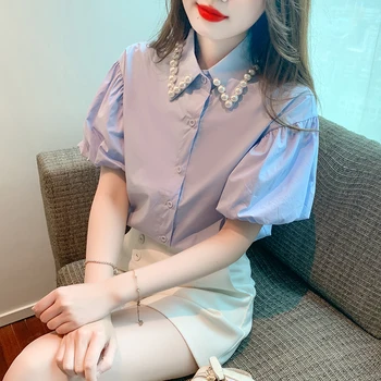 Летняя блузка Женская 2023 Корейская шикарная рубашка с короткими рукавами, однотонные свободные топы