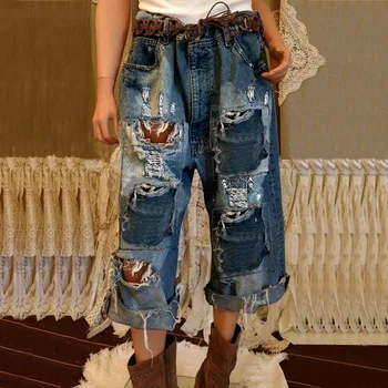 Женские джинсы 2023 Весна/лето, Новые рваные повседневные джинсы большого размера в стиле вестерн в стиле ретро с широкими штанинами