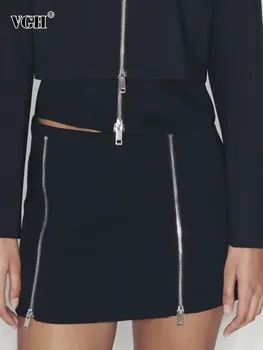 Минималистичные мини-юбки VGH для похудения в стиле пэчворк на молнии с высокой талией, темпераментная юбка трапециевидной формы, модный стиль женской одежды