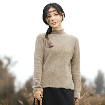 2023 Новый женский свитер из 100% чистой шерсти, вязаный пуловер с высоким воротом, Корейский модный однотонный приталенный свитер, женский топ
