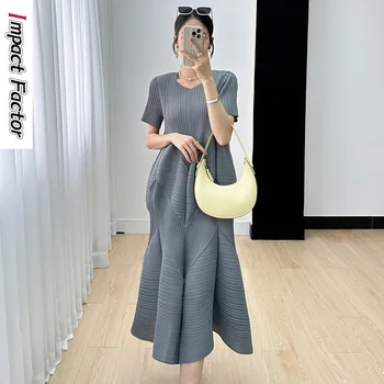 Женское летнее платье Miyake 2023, новое плиссированное универсальное платье, Однотонное роскошное длинное платье с круглым вырезом и коротким рукавом высокого класса