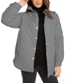 Воротник-стойка, карман с ромбовидной решеткой, легкая стеганая куртка, однобортное пальто с хлопковой подкладкой с длинным рукавом для женщин