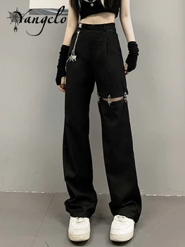 Yangelo, Съемные брюки с дырками в готическом стиле, женский комбинезон в стиле панк Ретро Хип-хоп с высокой талией, клубная одежда Y2K