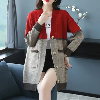 Осеннее вязаное пальто-кардиган, женская осенняя новая свободная трикотажная рубашка средней длины с V-образным вырезом контрастного цвета, свитер