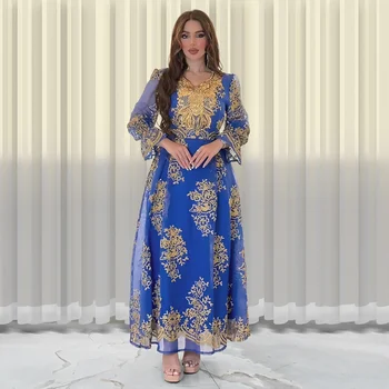 Платье Абая 2023 Летнее Элегантное мусульманское женское длинное платье из полиэстера с длинным рукавом и V-образным вырезом, расшитое блестками, зеленое, желтое, синее, Мусульманское платье Абая