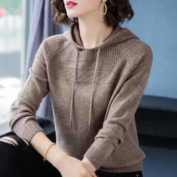 Свитер с капюшоном, женский вязаный пуловер с длинным рукавом, свободный повседневный топ с капюшоном, утолщающий женский вязаный свитер, Новости 2023 года J56