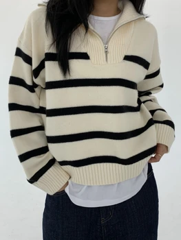 Свитер женский 2023 Осень-зима Корейский Элегантный повседневный поло с вырезом на молнии в полоску, свободный пуловер, вязаный свитер, женская одежда