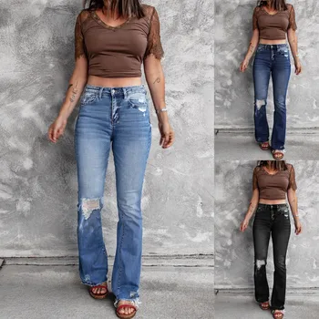 Женские джинсы-клеш, рваные джинсы с высокой талией и пуговицами, ретро-стрейчевые облегающие сексуальные винтажные джинсы-карандаш, уличная одежда Harajuku
