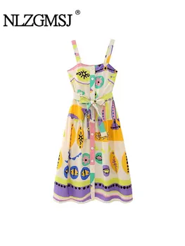Nlzgmsj TRAF Женский Летний Длинный сарафан трапециевидной формы на бретелях с картонной печатью, женское пляжное платье для отдыха, женские стильные платья