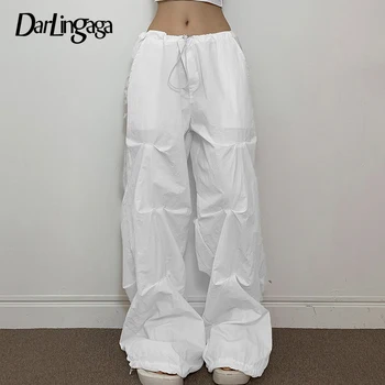 Darlingaga Harajuku, Большие размеры, Белые брюки-парашют на завязках, Складки, Низкая посадка, Технические спортивные брюки, Драпированные Повседневные мешковатые брюки, женские