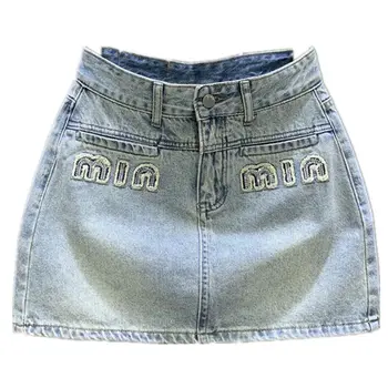 2023 Летние Винтажные джинсовые Мини-юбки трапециевидной формы с поясом, повседневная Свободная Короткая юбка с высокой талией, Корейская модная одежда