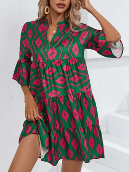 Элегантные женские платья с цветочным узором 2023, Летнее Свободное Удобное повседневное короткое платье с V-образным вырезом, женский халат Vesido Mulher S-XXL