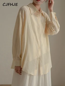 CJFHJE, повседневные блузки абрикосового цвета, женские винтажные офисные блузки с длинным рукавом, Модные простые белые рубашки с отложным воротником, Женские