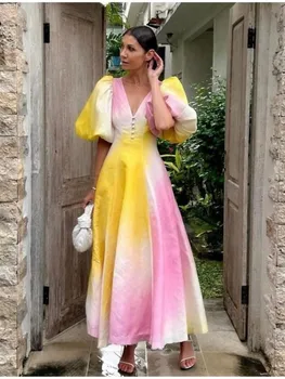 Разноцветное радужное платье с V-образным вырезом и пышными рукавами, женское плиссированное платье миди с открытой спиной, высокой талией и пуговицами, модный летний женский праздничный халат
