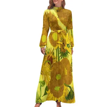 Платье Винсента Ван Гога с длинным рукавом и принтом подсолнухов, сексуальное макси-платье с высокой талией, эстетичный дизайн, пляжные длинные платья, подарок на день рождения