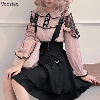 Черно-розовые рубашки Kawaii Lolita Y2k, эстетичные японские женские блузки с готическими кружевными оборками и длинным рукавом, элегантные милые топы для девочек